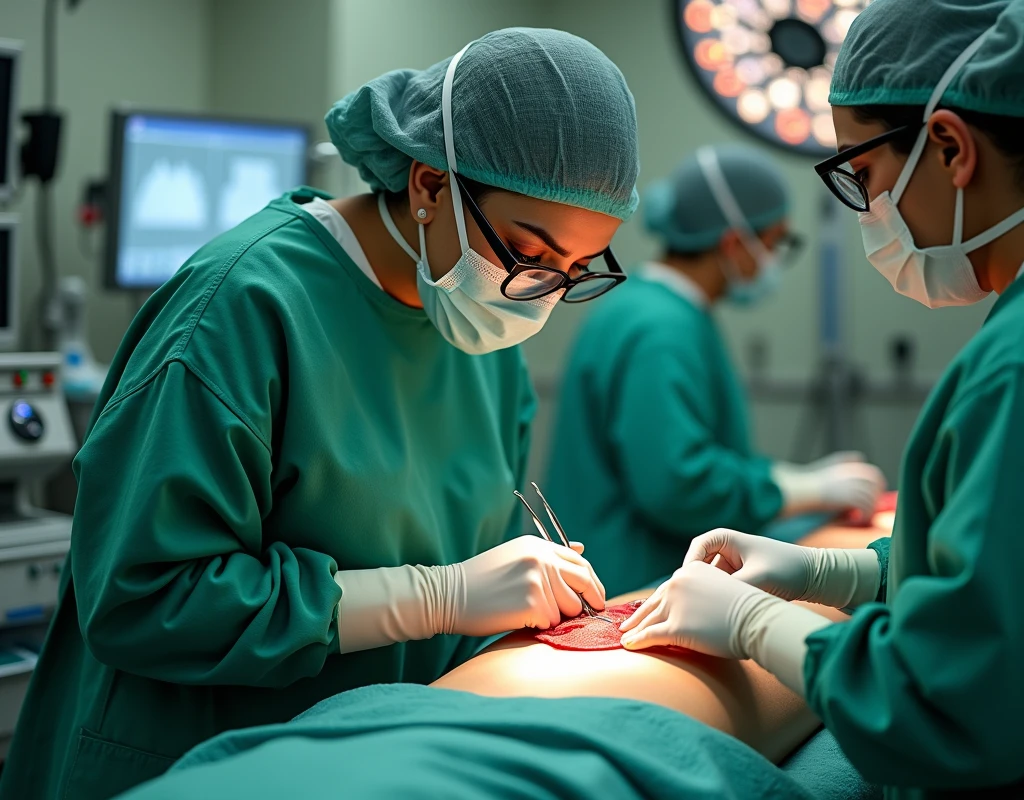 Aishwarya Rai as surgeon, wearing green scrubs, wearing surgical mask and skull cap, wearing surgical glasses, performing heart surgery on male patient, in operation theatre, fullbody view, cutting the chest with scalpel,