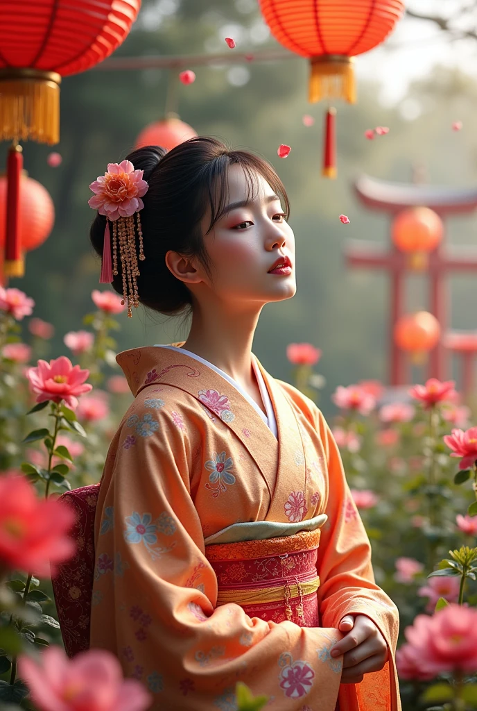 Japanese Woman at a Flower Festival
Write about a Japanese woman participating in a flower festival, wearing a traditional kimono and enjoying the beauty around her.