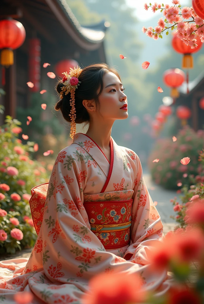 Japanese Woman at a Flower Festival
Write about a Japanese woman participating in a flower festival, wearing a traditional kimono and enjoying the beauty around her.