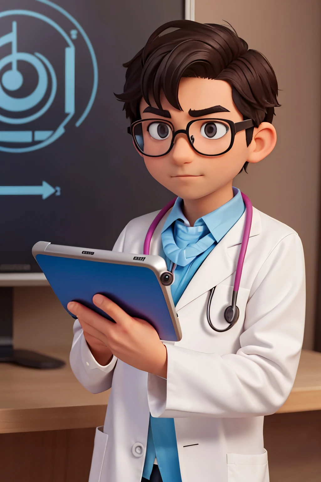 Create a friendly character that resembles a doctor with a playful twist. The character, named Dr. Eco, should have a warm, approachable expression, with a stethoscope shaped like a pair of headphones hanging around his neck. Dr. Eco wears a lab coat, but instead of being plain white, it has subtle, colorful patterns representing sound waves or music notes. His hair is neat, and he has glasses that give him an intelligent yet kind appearance. Dr. Eco is holding a tablet or a device showing a game screen, indicating his connection to auditory training