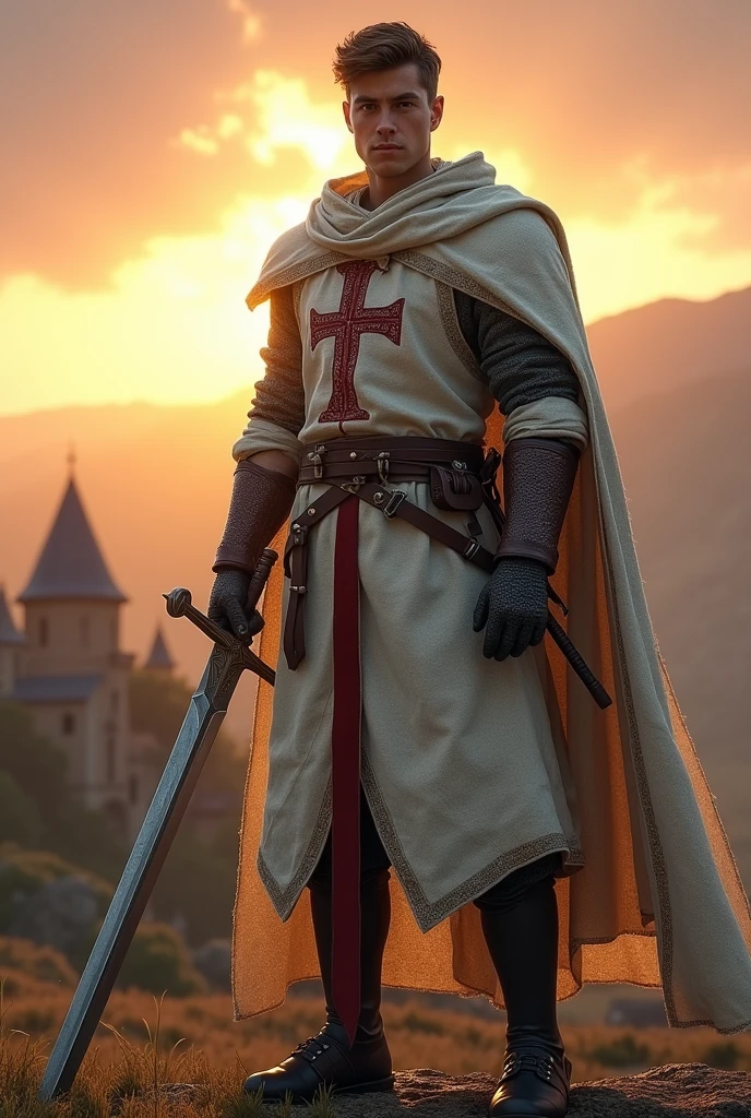 Create a young male character from the European Middle Ages, Templar knight with a sword in his hand 