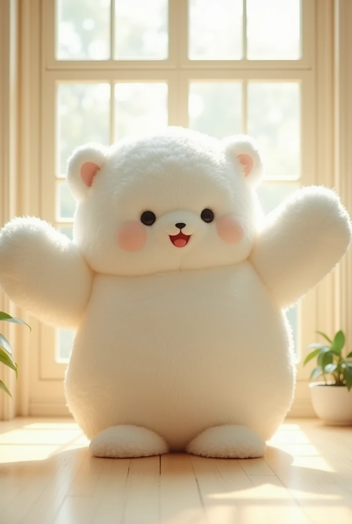 Make an art toy that represents kindness, positivism, warmth and extroversion, Make sure it is big but fluffy, with big hands to give hugs and that is white