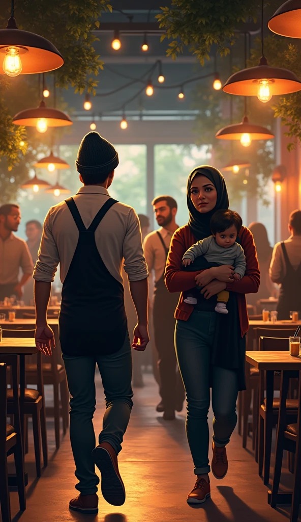 A bustling restaurant interior with a mix of wooden tables and chairs, ambient lighting, and a lively atmosphere. In the foreground, a man wearing Hat Beanie, a woman in hijab in serious mood, and a baby enter the scene. The new colleague, a young server with a nervous expression, guides them to a table near the center of the restaurant. The area is busy with waitstaff moving between tables, creating a sense of high activity