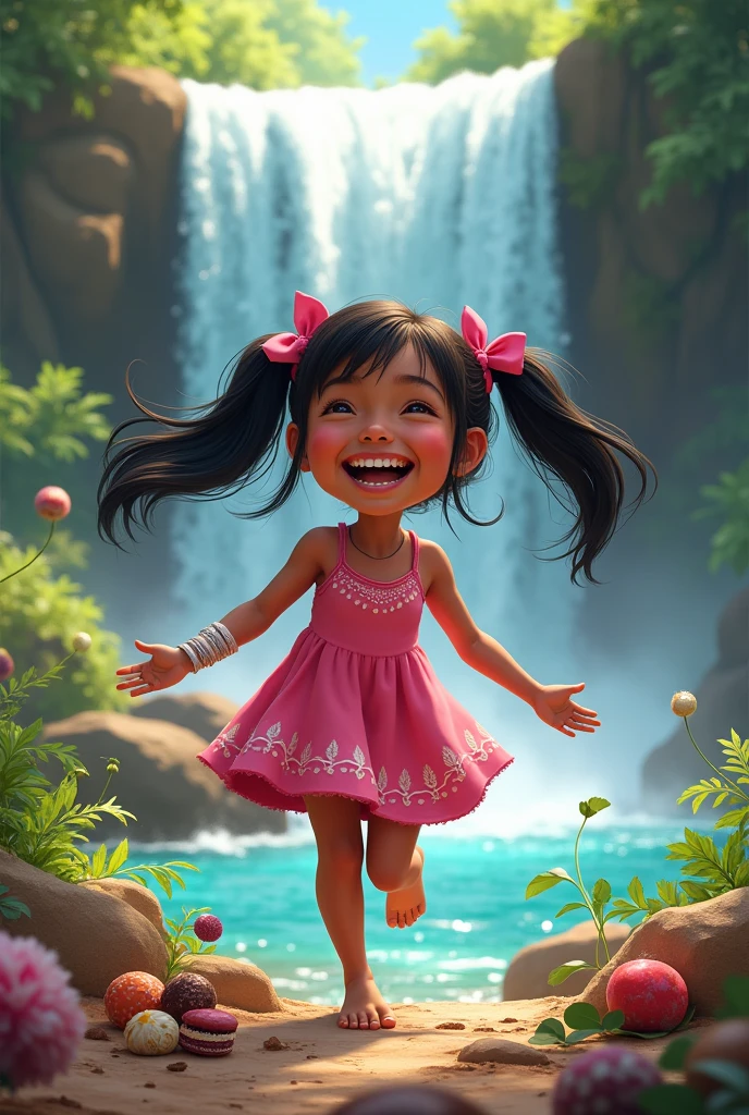 Erê with indigenous features, brown skin, straight hair with pigtails in the hair, near the waterfall, laughing, wearing pink dress, with bows in her hair, full of sweets nearby