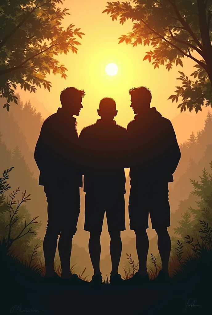 Three men friends in black shadow background nature and sun a
