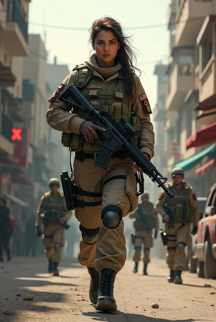 Female IDF soldier in combat uniform fully gears patrolling the street