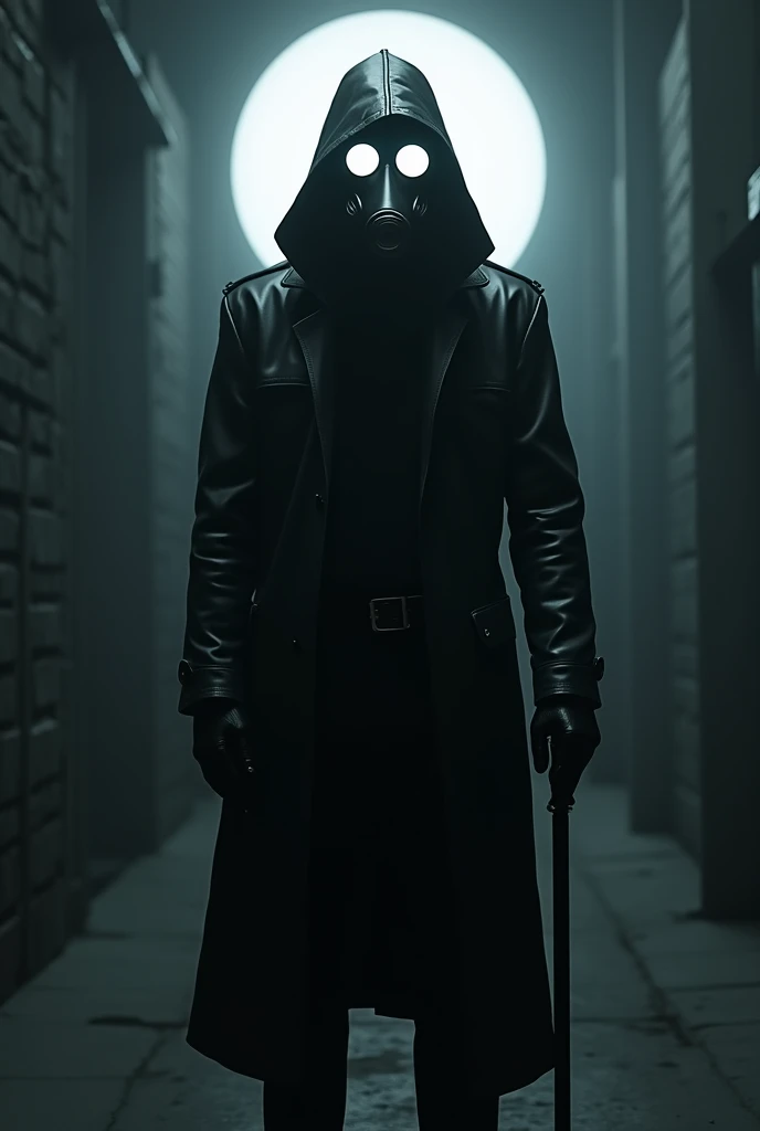 A man wearing a long black leather coat with a black gas mask, the glasses on the gas mask glow white, black gloves on his hands, and a cane in one hand, standing in the dark middle of the night, a white light behind the man illuminates his figure