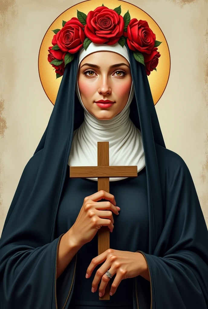 Saint Rose of Lima: Woman with sweet smiling face , dark navy blue nun's veil, and a crown of red roses on her head and a cross in her hand, posture like the Virgin Mary