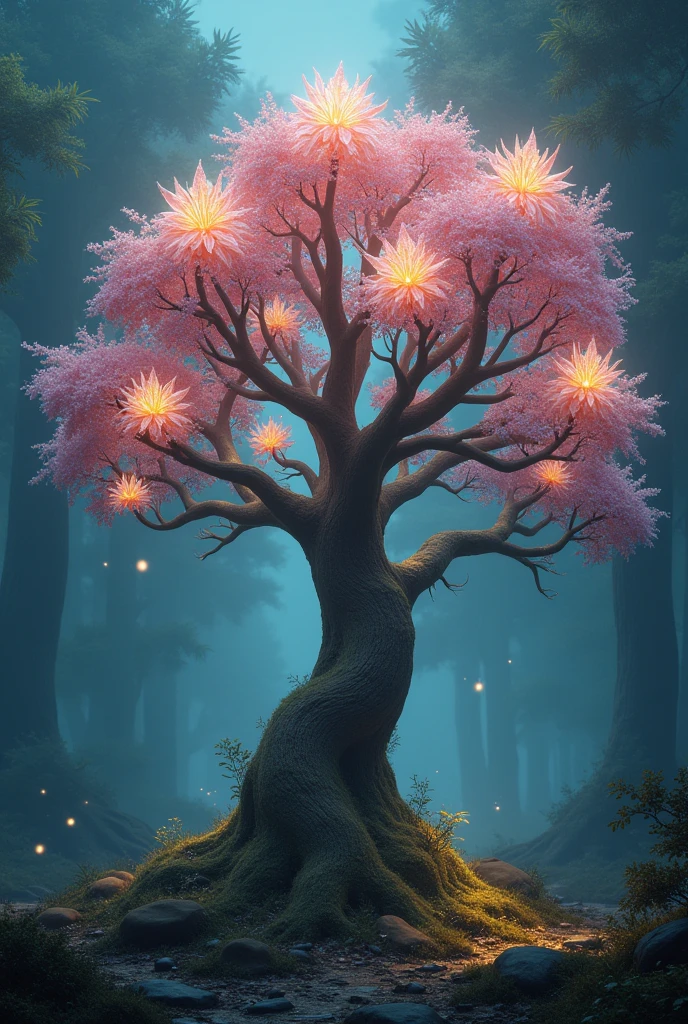 enchanted tree with several sparkling flowers