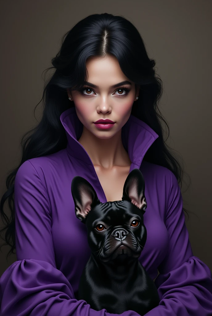 1 3 woman with black hair in purple clothes with a black French bulldog