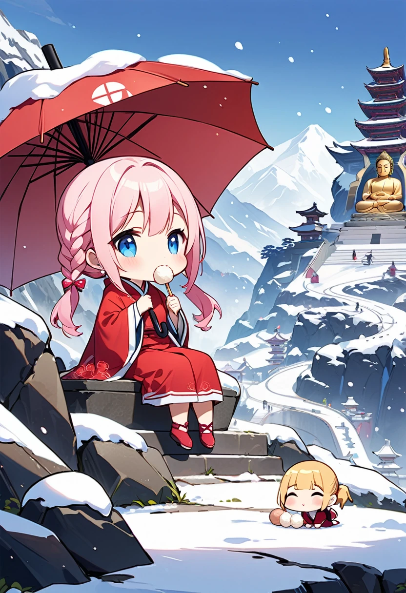 Highest quality、High resolution、Detailed Background、Beautiful face in every detail、Anatomically correct、Detailed facial expressions、fine grain、((full body, from side:1.5, looking away:1.2)), break ((One Girl:1.5)、((Chibi Girl:1.5)))、Bright pretty hair color、Big beautiful blue eyes、Fuller lips、Pink Lips、Braided twintails、Ahoge、break ((Eating rice balls while sitting next to a Buddha statue on a mountain path:1.5、、Holding an umbrella in heavy snow))