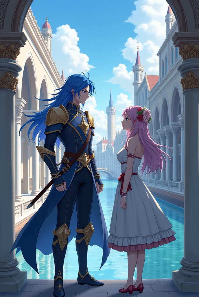 Kaeya Alberich from Genshin with a girl in Fontaine in Genshin style