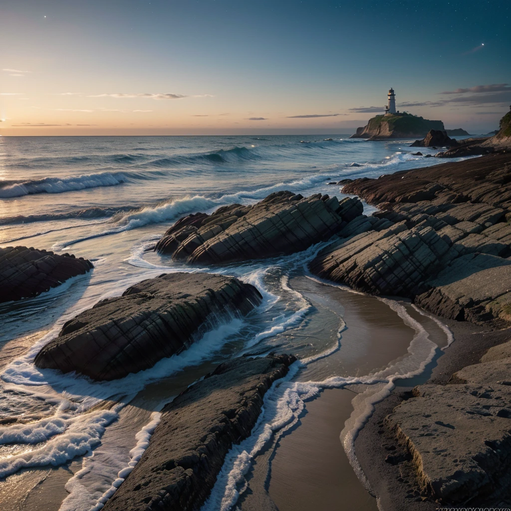a serene night beach scene, a calm ocean with glistening waves, a clear starry sky, a lone lighthouse in the distance, smooth pebbles and driftwood on the shore, cool crisp air with a salty ocean breeze, luminous water reflecting the night sky, (best quality,4k,8k,highres,masterpiece:1.2),ultra-detailed,(realistic,photorealistic,photo-realistic:1.37),HDR,UHD,studio lighting,extremely detailed landscape,professional,vivid colors,dynamic lighting,atmospheric,cinematic