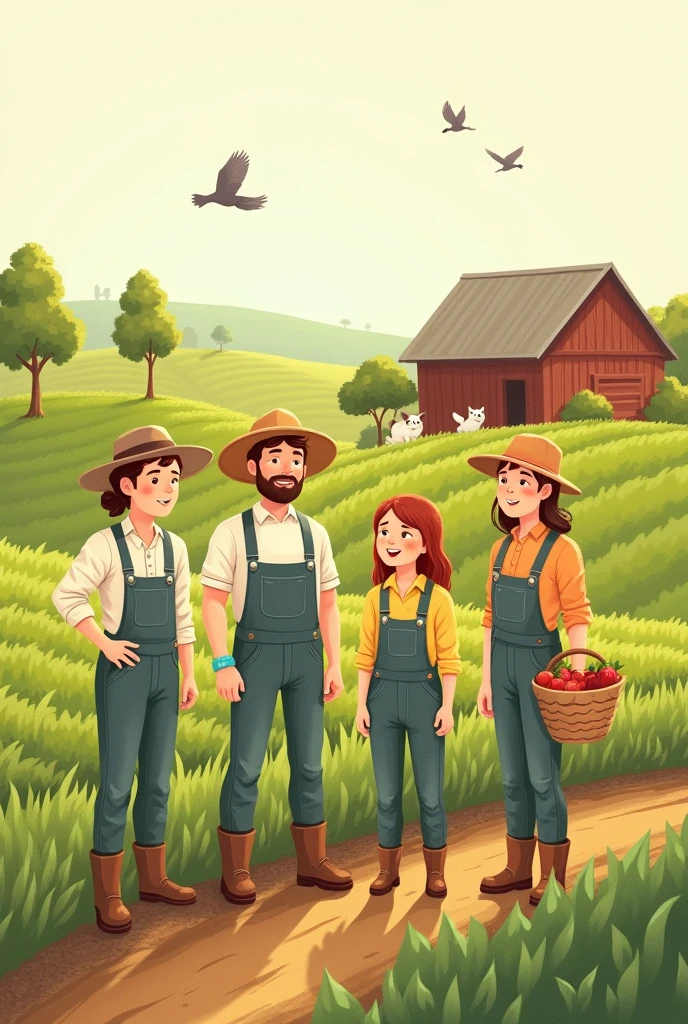 men and women working on a farm, cute and tender drawing