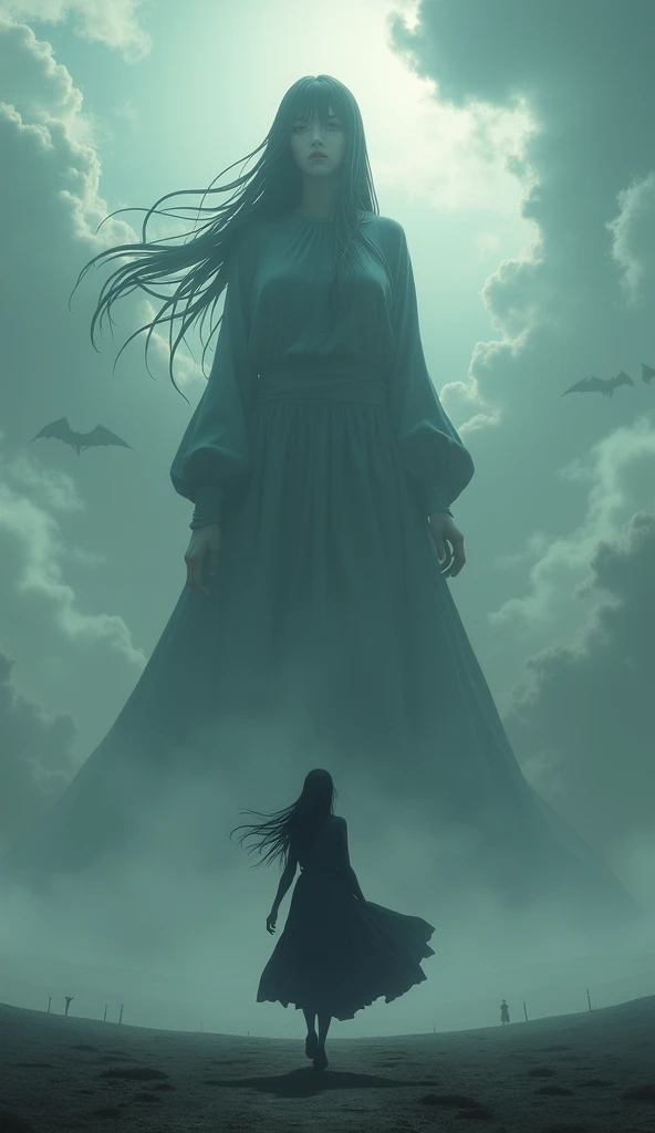 Gigantic anime girl walking across a plain in the distance amid fog, haze, haze, dark clouds, grimdark ,supense, unearthly, octan render, unreal engine , photorrealistic, hyper realism, highy detailed, high qualiy, intrincately detailed,Volumetric lighting, full character, 4K, ,hard disk ,Full HD, 8k, RTX, high resolution, detailed shadows, incredibily detailed, perfect, Dramatic scale
