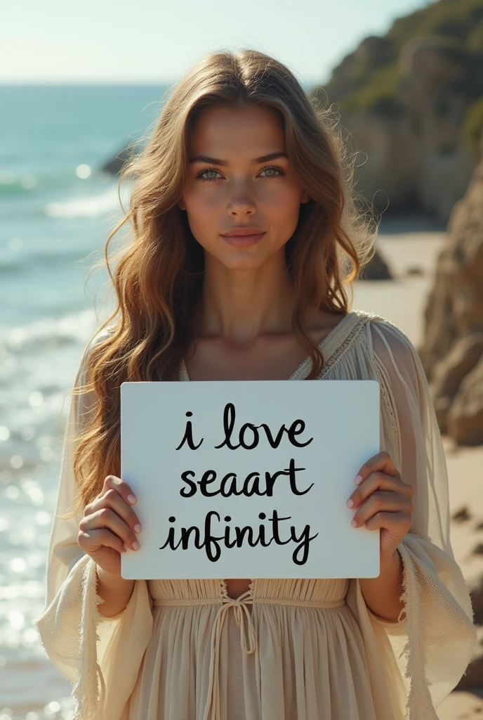 Beautiful girl with wavy long hair, bohemian dress, holding a white board with text "I Love Seaart Infinity" and showing it to the viewer