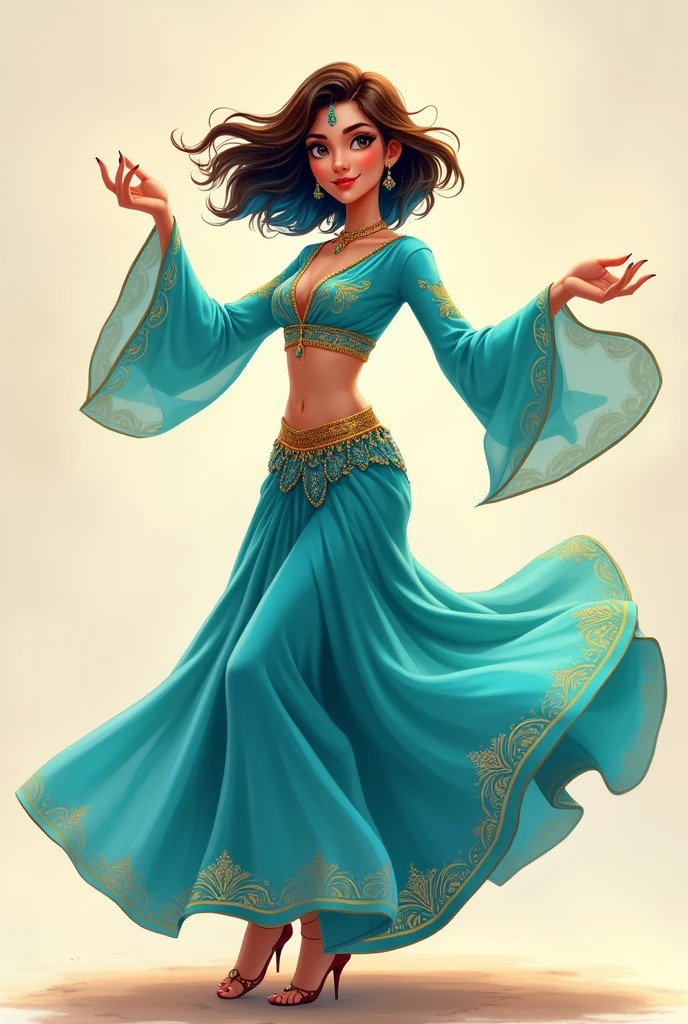 ((art animation 2D)) 20 year old woman with short wavy brown hair with dark blue dyed tips, with blue skin, Brown eyes, with good body, wearing a turquoise Arabic dancer costume, dancing
