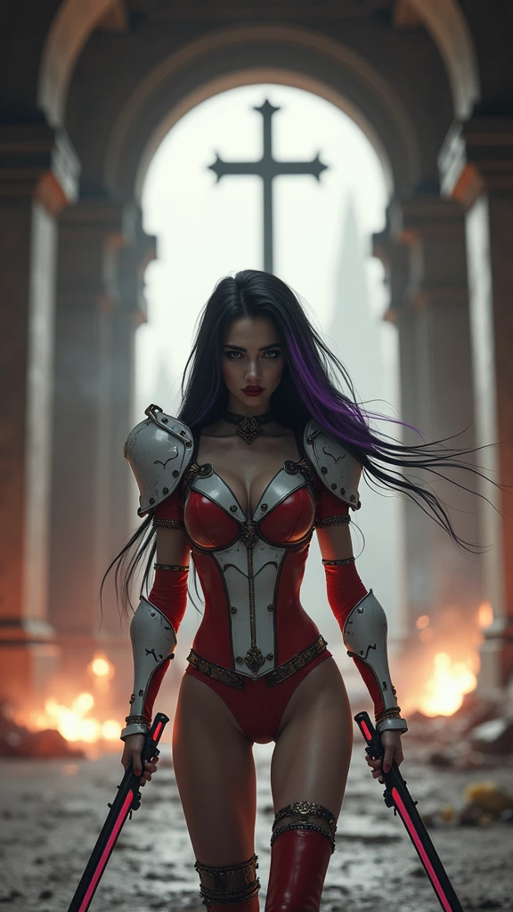 Masterpiece, Best Quality, Official Art, (Highly Detailed CG Unity 8k wallpaper), Detailed background, (Hands by Guido Daniele: 1.1). Full body pose sisters of battle from the warhammer 40k, shooting at the enemy, white armor with intricate details, red armor with intricate details, religous symbols on the armor, sisters of battle, warhammer 40k, Massive silicone breast, pale skin, seductive, temptation, eat your soul, clevage, long flowing black hair with purple highlights, heavy gothic makeup, at night, neon, beautiful detailed eyes, beautiful detailed lips, extremely detailed eyes and face, long eyelashes, highly detailed armor, intricate futuristic weaponry, dramatic lighting, cinematic composition, muted color palette, gritty and realistic, mecha, science fiction, hyper-detailed, photorealistic, award winning digital art, 8k, HDR, masters work, in the middle of a battle field, full body combat action pose, explosions and fire around, full war, stunning, Stilleto heels, high heels, full body pose, cinematic, movie trailer, final stand!, nemesis, ready to strike, dust and debree, combat screams, attacking, shooting at the enemy, running forward, last line of defense, charging, fanatic, religious, templar knights, sisters of battle, warhammer 40k