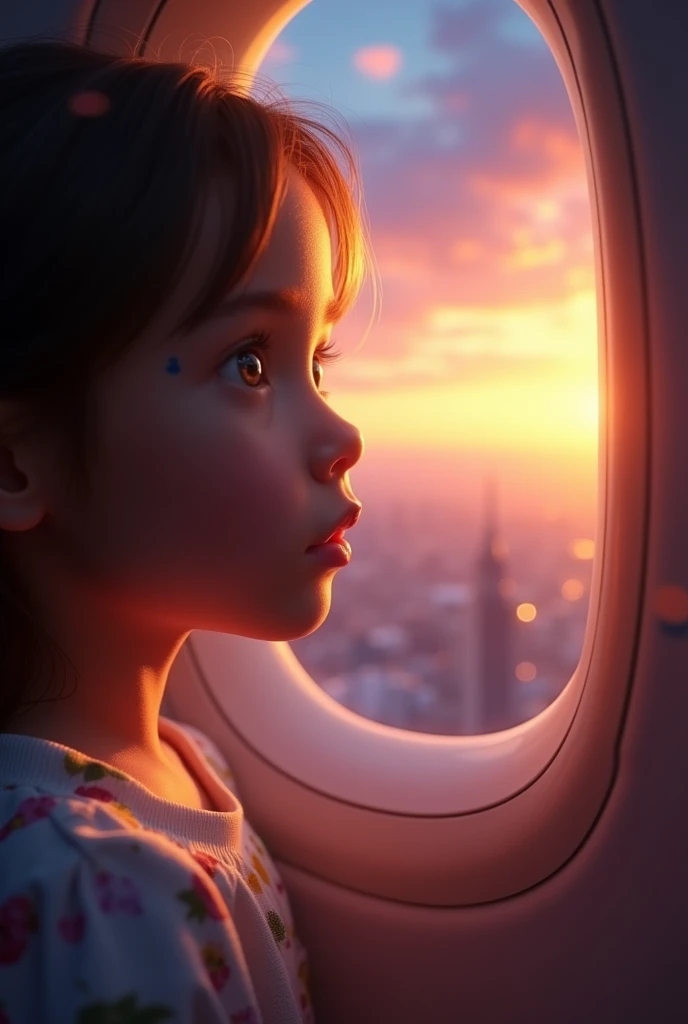 a girl excitedly looking out of an airplane window, 1girl, detailed face, beautiful detailed eyes, beautiful detailed lips, detailed facial features, airplane interior, cityscape below, sunset sky, glowing light, cinematic lighting, highly detailed, photorealistic, 8k, (best quality, 4k, 8k, highres, masterpiece:1.2), ultra-detailed, (realistic, photorealistic, photo-realistic:1.37), HDR, UHD, studio lighting, ultra-fine painting, sharp focus, physically-based rendering, extreme detail description, professional, vivid colors, bokeh