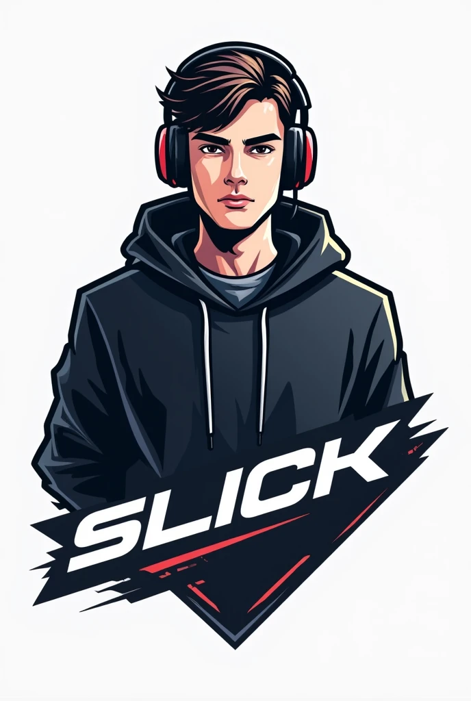 Create a logo of a gamer boy wearing headphones and a black hoodie, e abaixo dele, write in blank "slick"