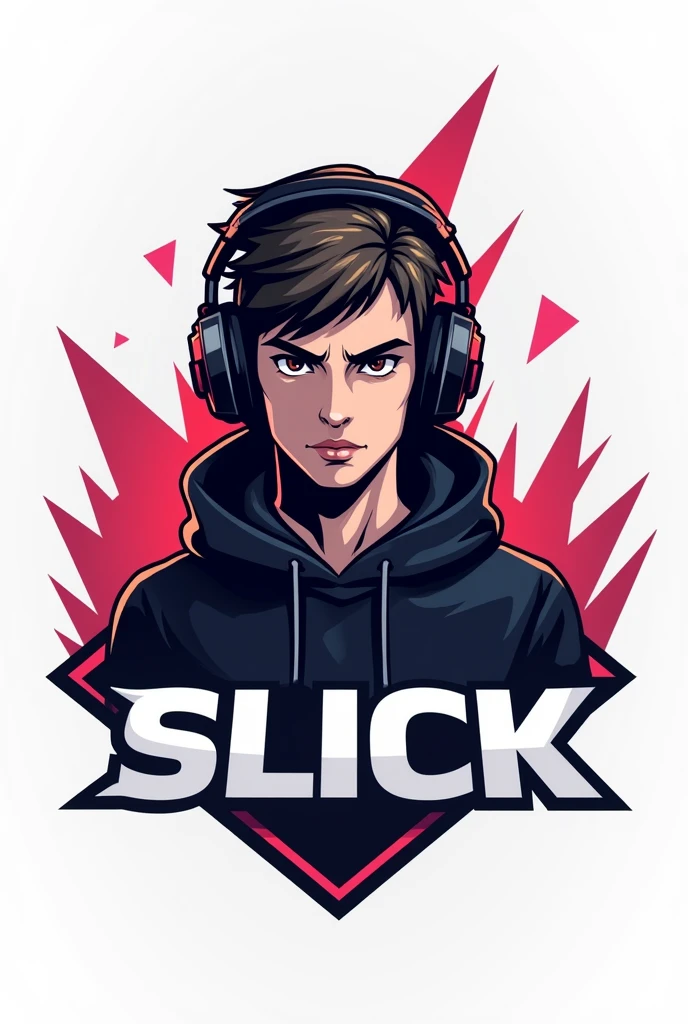 Create a logo of a gamer boy wearing headphones and a black hoodie, e abaixo dele, write in blank "slick"