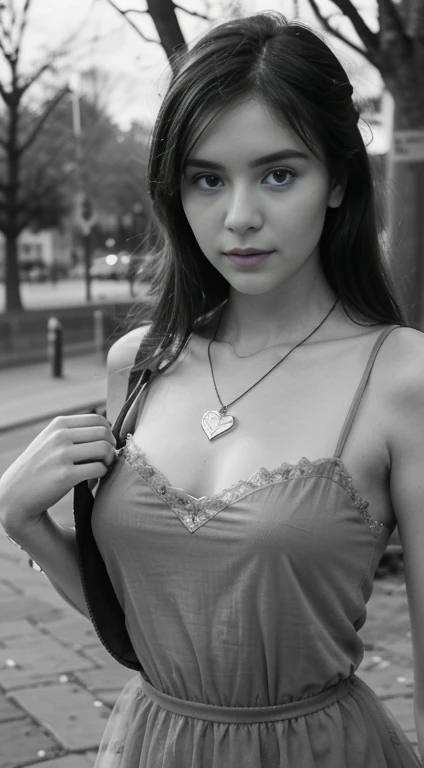 The image is a black and white text that appears to be a description of a necklace. The text is written in a cursive style and is accompanied by a picture of a necklace. The necklace is described as having a "sweetheart" shape, and the text goes on to describe the various details of the necklace, including the lace and the tulle-like fabric. The text also describes the person wearing the necklace, stating that they are also wearing a "delicate" necklace with a "symmetrical" design. The text concludes by suggesting that the background of the image is outdoors, with bare trees.