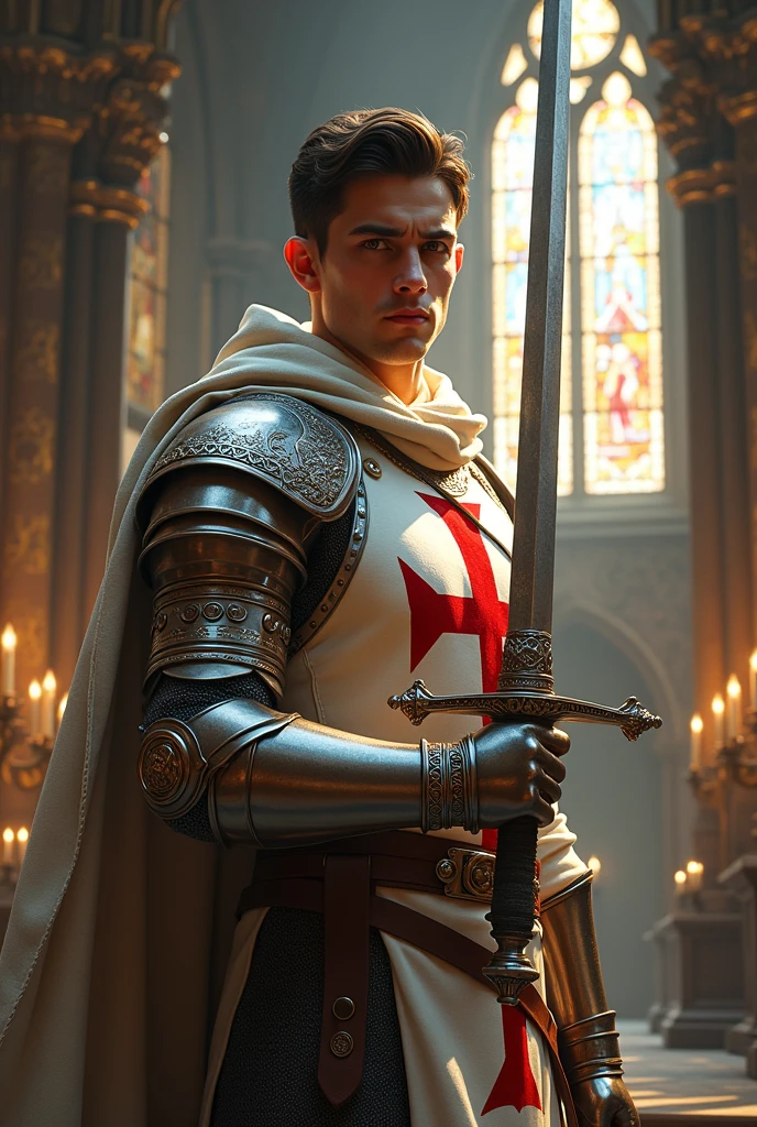 epiCRealism, (masterpiece), (best quality), highres, RAW photo, (single shot), (male:Wentworth Miller:.8) warrior knight in a (metal jockstrap), (homoerotic), buzzcut, codpiece, (bulge), bracers, pauldrons, shirtless,stained glass windows,religious iconography, bejeweled Christian cross necklace, rubies, sapphires, long flowing white cape, excited, energetic, full body, catholic church, incredible composition, HDR, Rim lighting, Volumetric lighting, dramatic backlighting, god rays, crepuscular rays, sunlight, natural light,