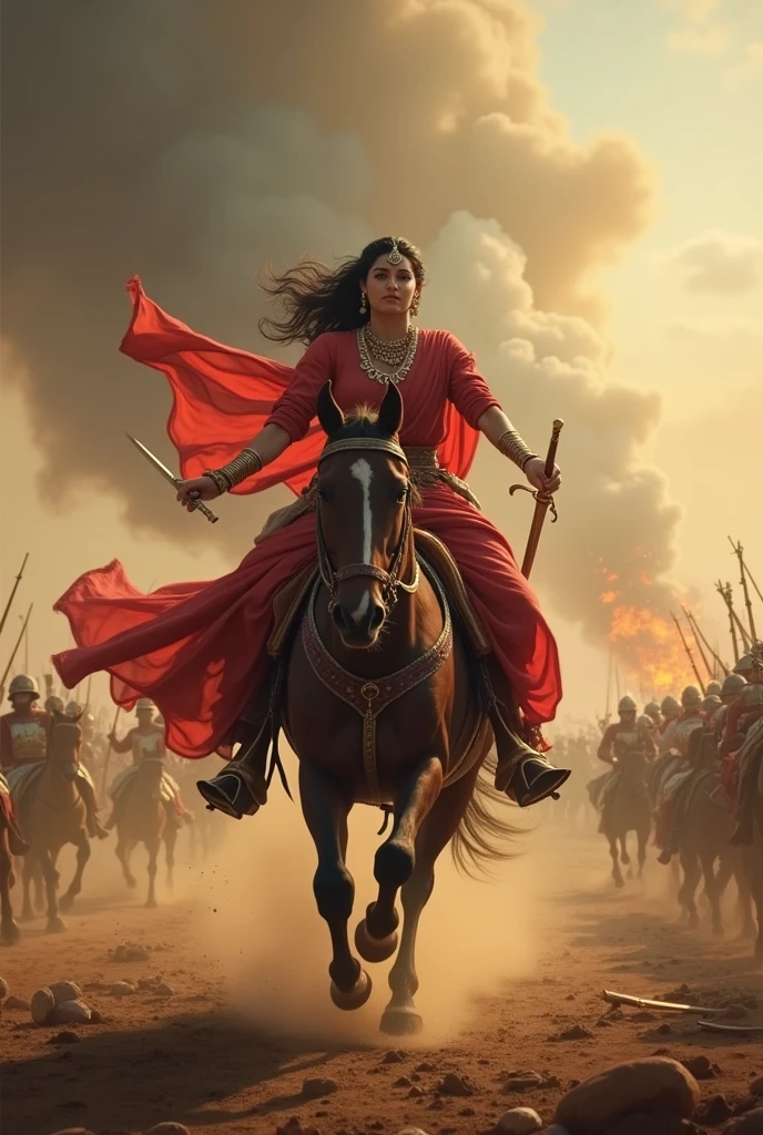 Rani Lakshmi Bai's escape: A tense moment where she’s seen riding away from a battlefield, narrowly escaping capture, surrounded by smoke and fire. Historical images in 9:16 ratio