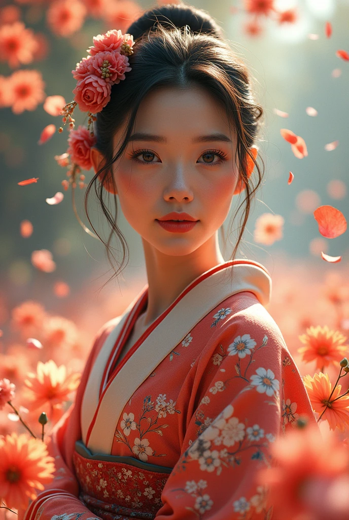 a beautiful japanese woman in a traditional colorful kimono at a flower festival, elegant pose, graceful movements, surrounded by blooming flowers, petals falling around her, serene expression, captivating gaze, intricate floral patterns on kimono, natural lighting, vibrant colors, highly detailed, photorealistic, 8k, best quality