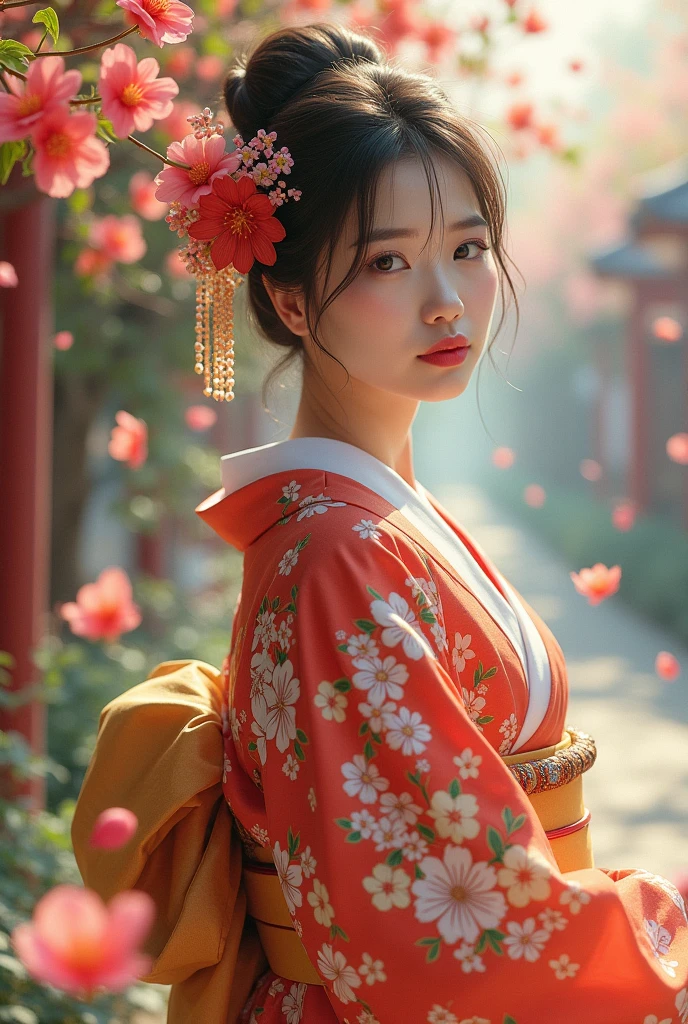 a beautiful japanese woman in a traditional colorful kimono at a flower festival, elegant pose, graceful movements, surrounded by blooming flowers, petals falling around her, serene expression, captivating gaze, intricate floral patterns on kimono, natural lighting, vibrant colors, highly detailed, photorealistic, 8k, best quality