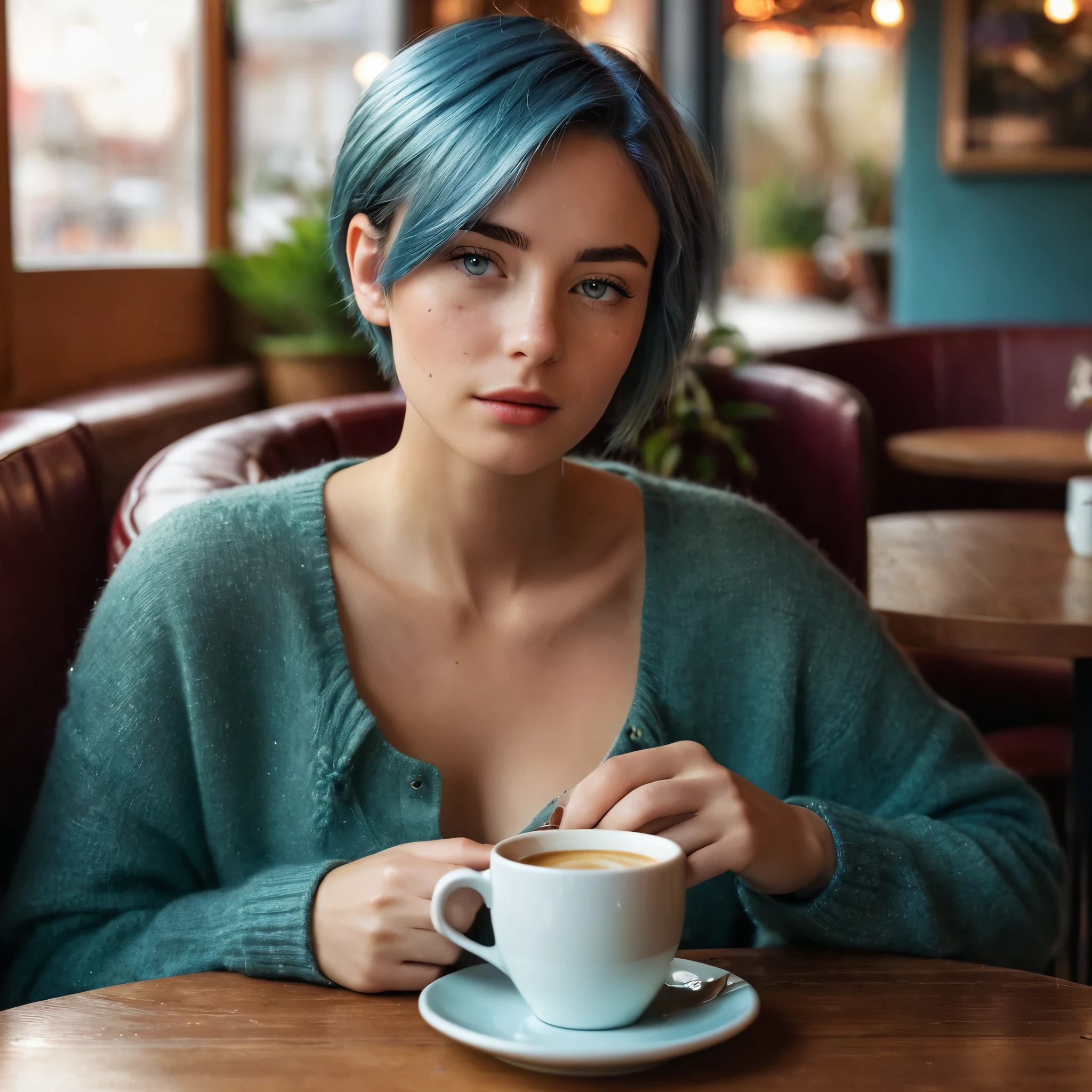 Woman, 20 Years Old, Nordic Ethnicity, short blue hair with a perfect face and light freckles, Blue-Green Eyes, sitting in a cozy, softly lit corner of a stylish café. She is holding a coffee cup close to her lips, her eyes half-closed in a moment of indulgence. The setting is warm and intimate, with plush seating, wooden tables, and soft, ambient lighting casting a gentle glow. The background features subtle elements like coffee cups, books, and soft-focus patrons in the distance. The scene is both inviting and mysterious, emphasizing the sensual pleasure of the moment. ((Color palette - warm brown, soft gold, deep maroon))