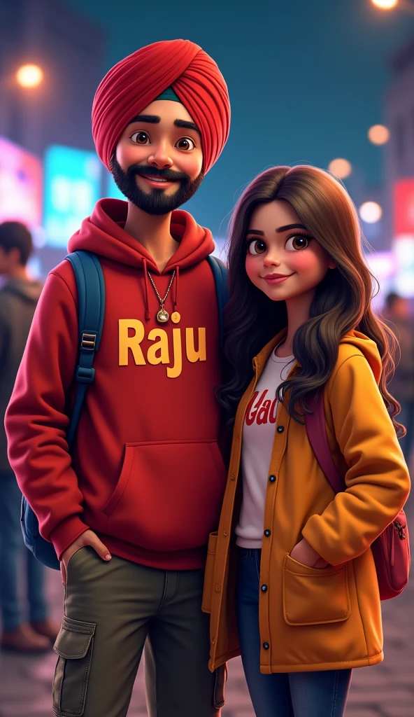  " A 18 YEAR PUNJABI BOY WITH A PUNJABI GIRL ,ATTRACTIVE SMILE WEARING A RED TURBAN ,RED Hoodie ON WRITE BOLD NAME "RAJU", cargo PANT, and holding and see his name which write chest in Punjab his body luck front of the camara , his background in AMRITSAR city , waiting for a bus at night, wide angle shot, RUN TO CAUGHT BUS,BACKGROUND BOLD NAME "RAJU" Neck In locket this letter "R" 