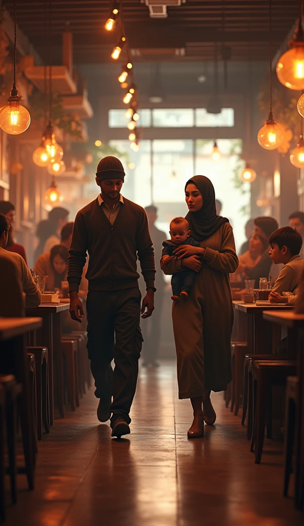 A bustling restaurant interior with a mix of wooden tables and chairs, ambient lighting, and a lively atmosphere. In the foreground, a man wearing Hat Beanie, a woman in hijab in serious mood, and a baby enter the scene