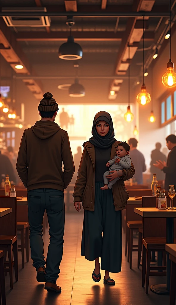 A bustling restaurant interior with a mix of wooden tables and chairs, ambient lighting, and a lively atmosphere. In the foreground, a man wearing Hat Beanie, a woman in hijab in serious mood, and a  enter the scene