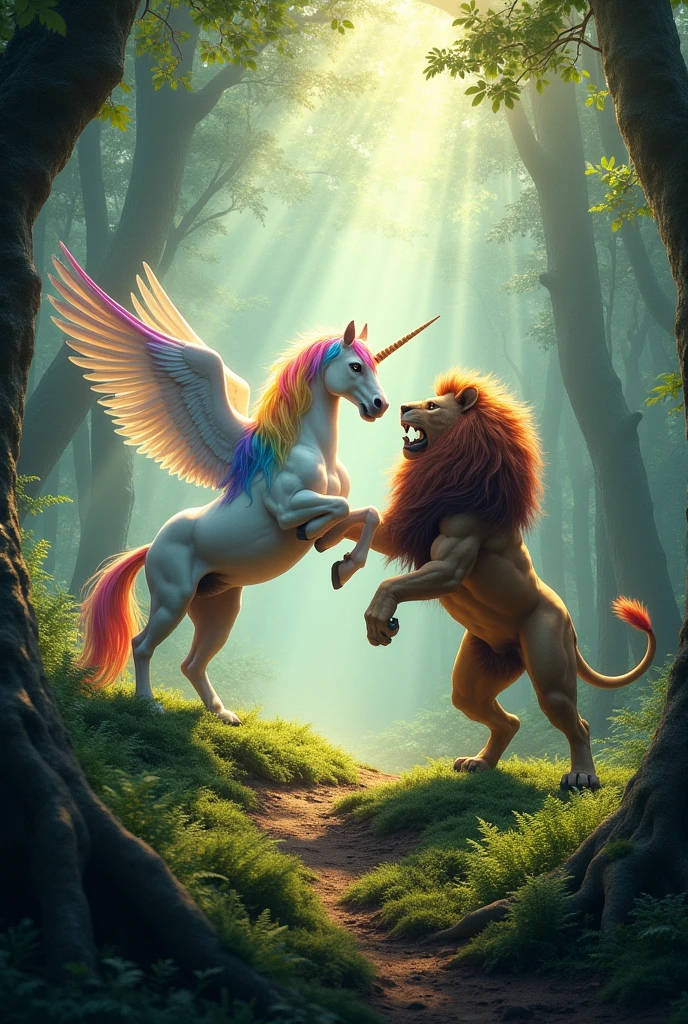 Unicorn in a forest with a rainbow hair that has wings fighting with a lion