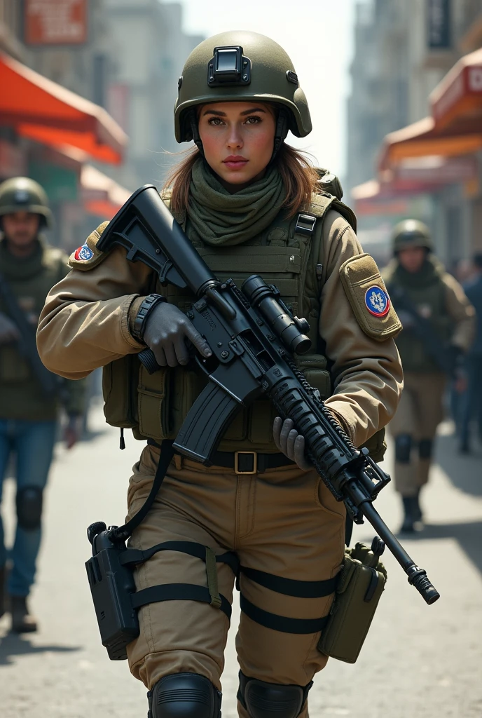 Female Israel Defend Force soldier in combat uniform fully gears patrolling the street