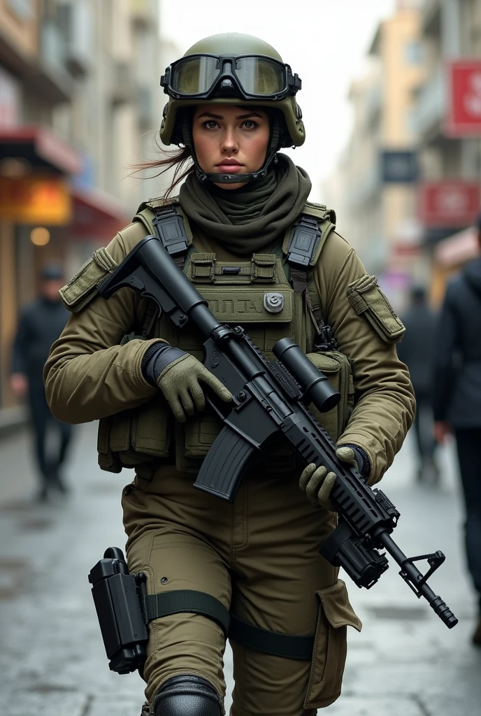 Female Israel Defend Force soldier in combat uniform fully gears patrolling the street