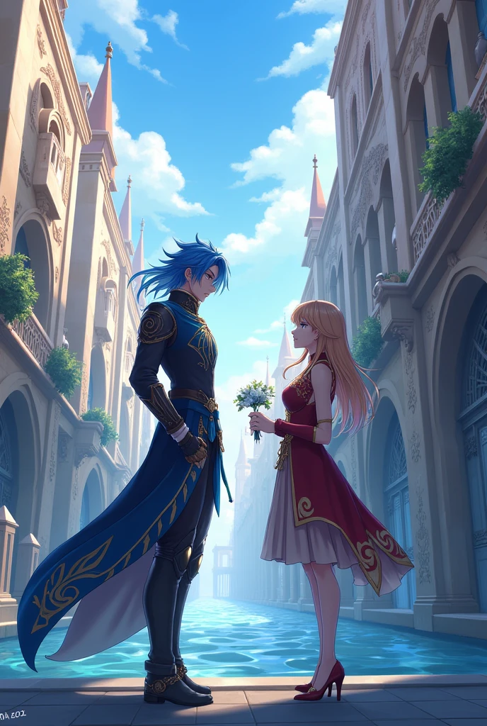 Kaeya Alberich from Genshin with a girl in Fontaine in Genshin style