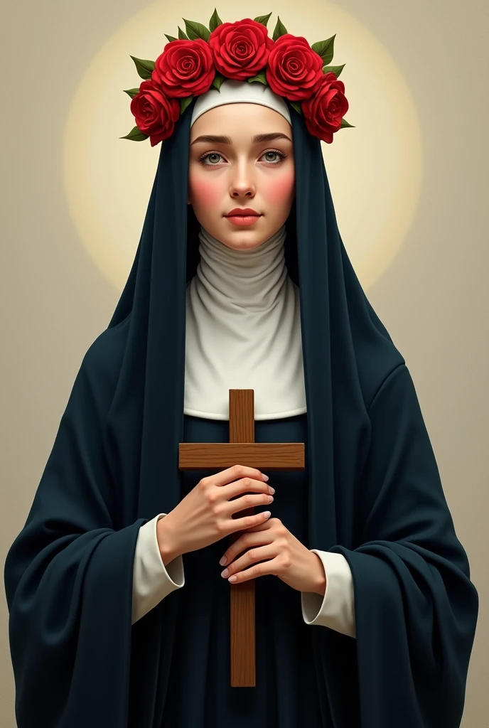 Saint Rose of Lima: Woman with sweet smiling face , dark navy blue nun's veil, and a crown of red roses on her head and a cross in her hand, posture like the Virgin Mary