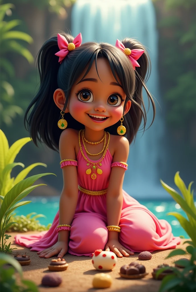 Erê with indigenous features, brown skin, straight hair with pigtails in the hair, near the waterfall, laughing, wearing a pink dress with yellow details, with bows in her hair, full of sweets nearby