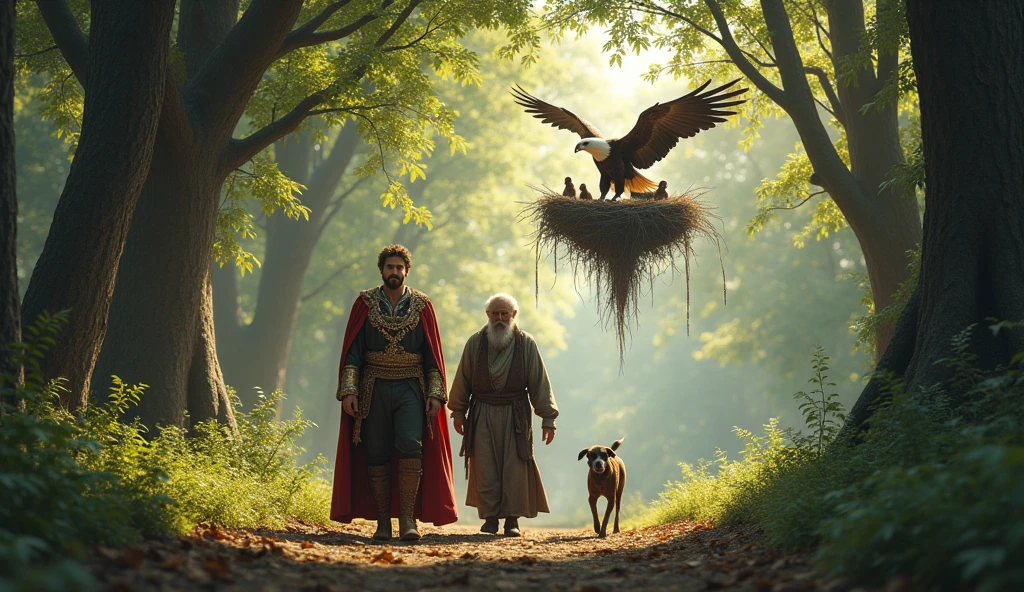 The rich prince and the poor old man are walking in the forest with a dog and in front of them is an eagle and her chicks on the tree