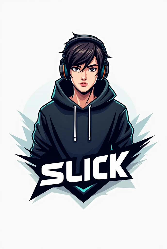 Create a logo of a gamer boy wearing headphones and a black hoodie, e abaixo dele, write in blank "slick"