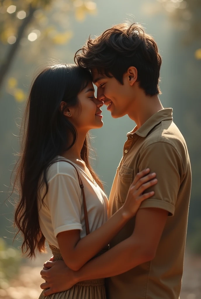 a short, medium-length black girl with straight hair and a taller white boy with wavy hair hugging each other