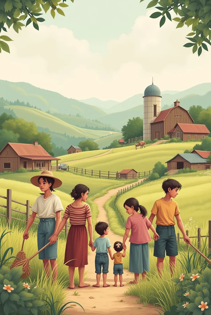 men and women on a farm, cute and tender drawing