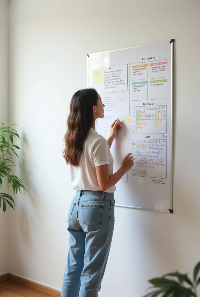 A woman planning her day on a whiteboard