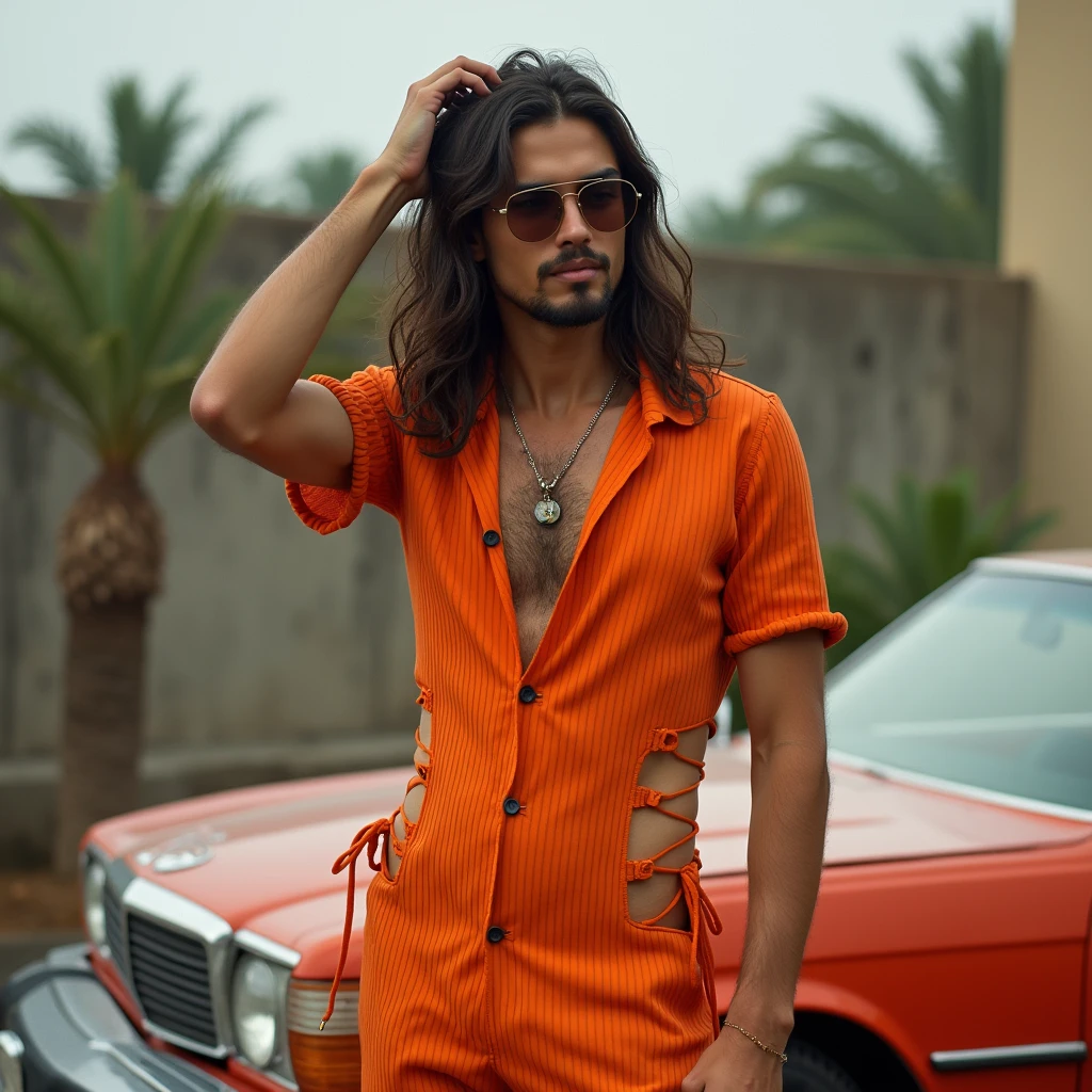 high fashion photography of a man as a ((luxury person)) with ((long hair)) wearing (retro 70s clothes),dressed in orange dress,ribbed texture,short sleeves,side cut-outs,tie-up details,vintage car,car wash setting,soapy water,overcast sky,standing upright,hand in hair,slight twist,soft lighting,indoor setting,eye-level shot,three-quarter framing,in a library where books sprout legs and share their tales,broad light,hyperrealistic,(hero view:1.2),shot on Panasonic S1R with Lumix S 50mm f-1.4,photo by Nick Brandt 