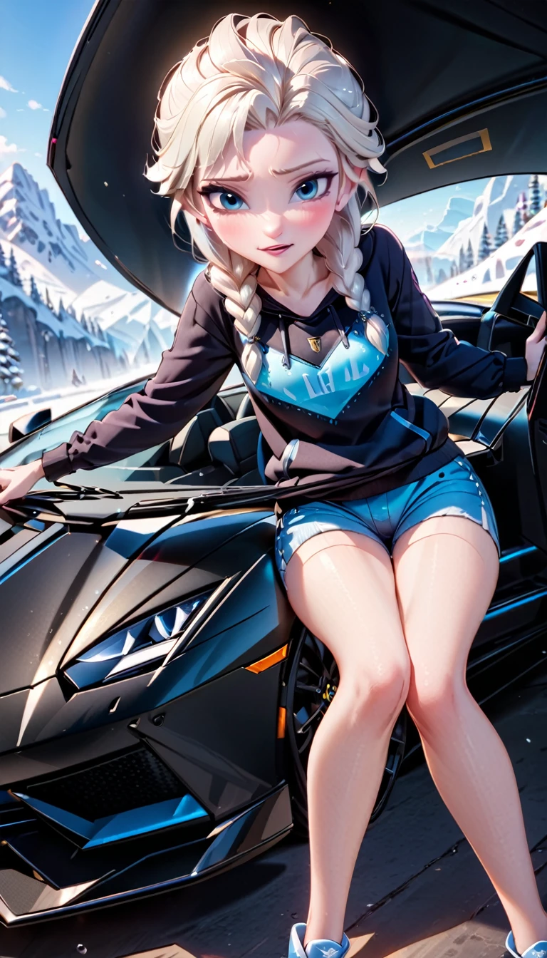 Masterpiece, [Elsa Frozen], Cute girl black sweatshirt shorts, sitting on a Lamborghini, best HD quality 