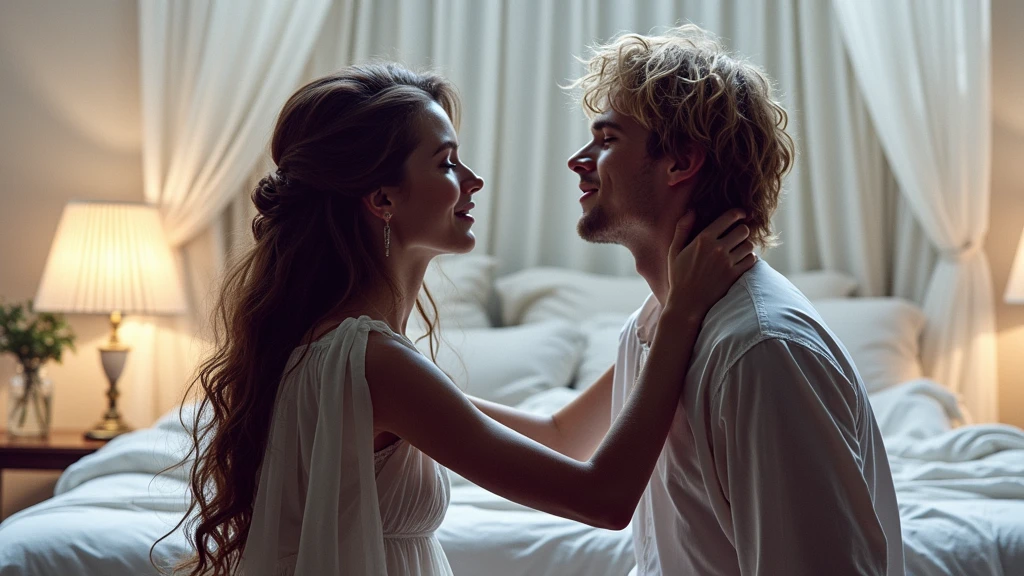 "A passionate and intense moment where Edward and Violet share a kiss. Edward, with his blond hair slightly tousled, wearing a white shirt, leans forward, his eyes closed, and his lips pressed against Violet's. Violet, with her long wavy hair flowing down, dressed in a simple nightgown, responds to the kiss with equal intensity. The background shows a softly lit bedroom from the late 19th century, with warm lighting from a bedside lamp casting gentle shadows. The mood is intimate and romantic, capturing the deep connection between them. --ar 16:9"