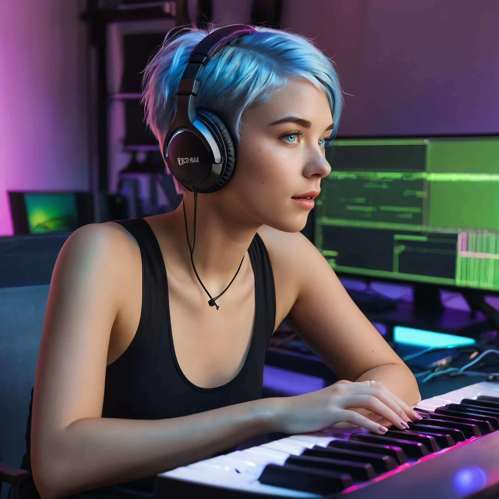 Woman, 20 Years Old, Nordic Ethnicity, short blue hair with a perfect face and light freckles, Blue-Green Eyes, sitting at a sleek, modern music studio setup late at night. She is wearing a stylish, slightly revealing outfit, with headphones on and a cup of coffee on the desk beside her. The lighting is dim and moody, with soft blue and purple neon lights casting gentle shadows, creating an intimate atmosphere. The scene captures her deeply focused on the music, with her fingers lightly resting on a keyboard, surrounded by studio equipment. The background shows a large monitor displaying music production software, with soft light emanating from the screen. The overall mood is creative, intimate, and immersive. ((Color palette - deep blue, purple, neon pink))