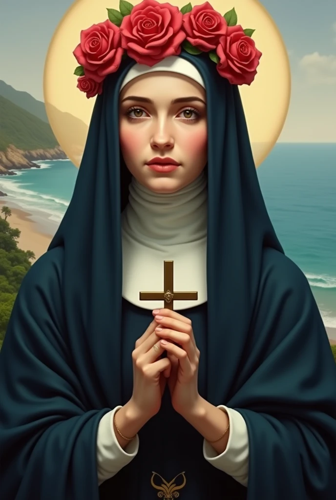Saint Rose of Lima: Woman with sweet smiling face looking at the coast , dark navy blue nun's veil, and a crown of red roses on her head and a cross in her hand, posture like the Virgin Mary